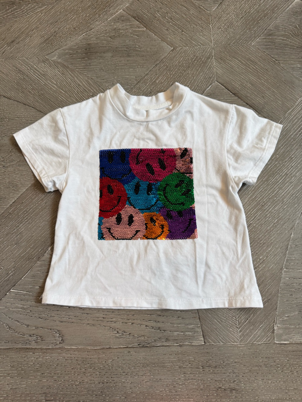 Azarhia Kids White Tee with Multicolor Smiley Sequin Design